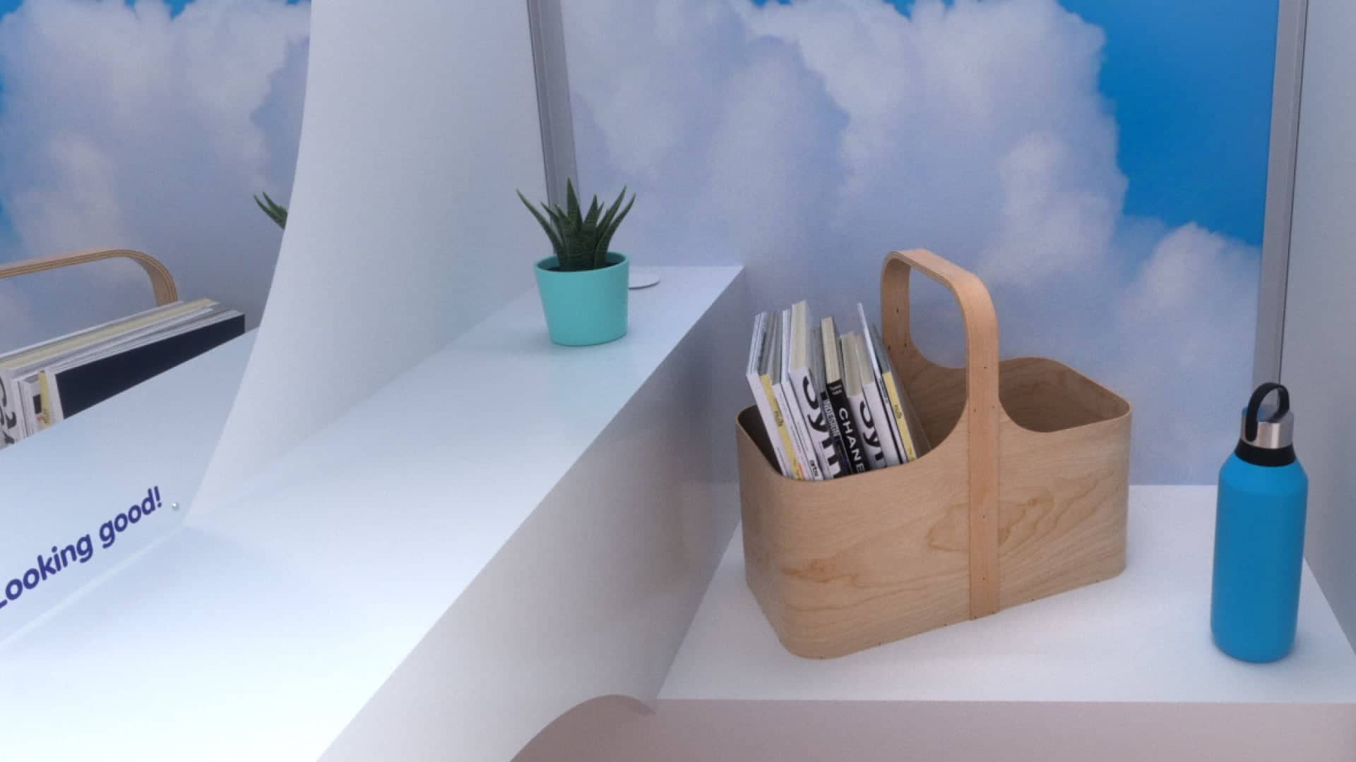 3D rendering of a product tour display with a wooden basket of books, a blue water bottle, and a potted plant against a cloudy backdrop.